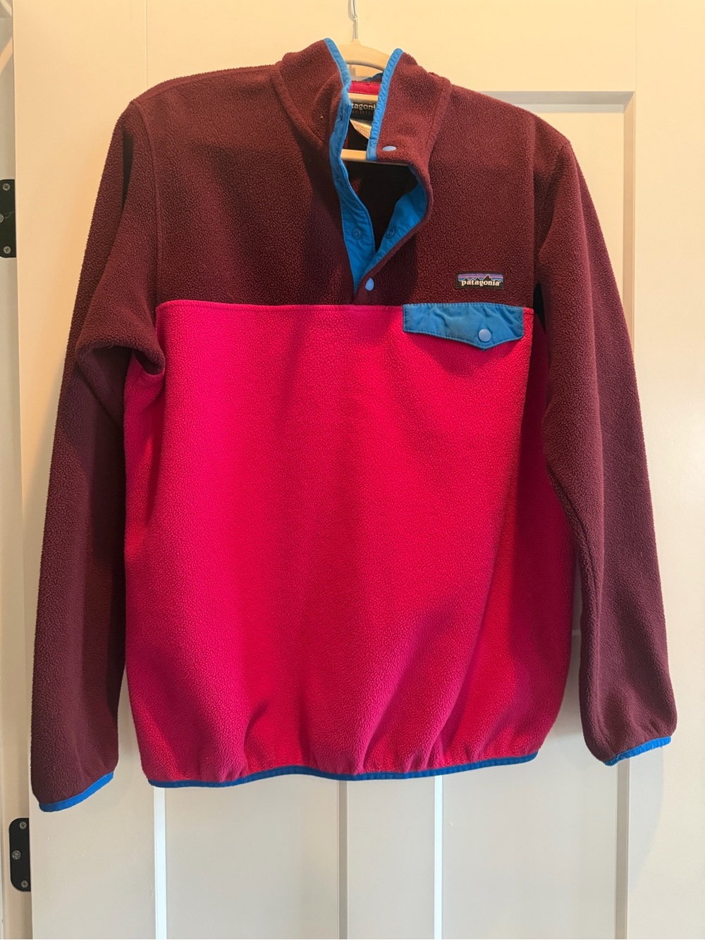 Patagonia Two-Tone Fleece Pullover - Burgundy, Hot Pink, Blue Trim